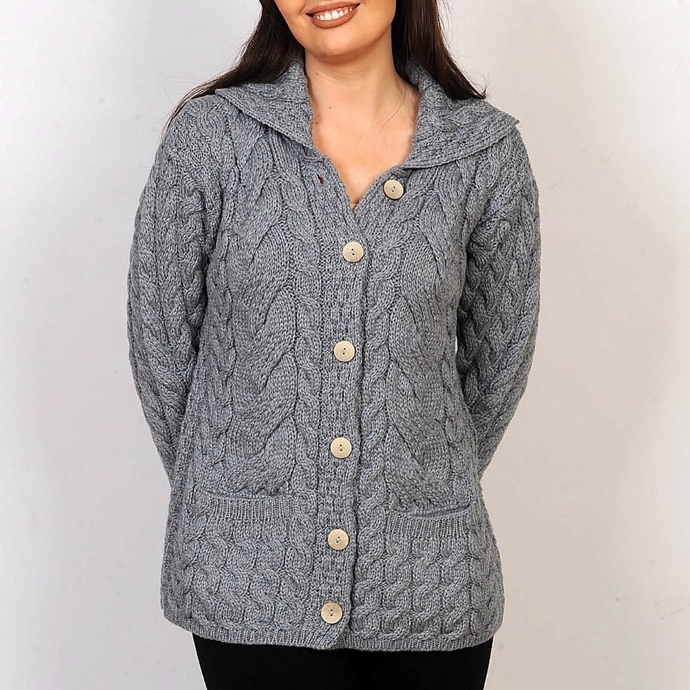 Aran Sweater Market Double Collar Merino Wool Irish Cardigan Gray Fisherman-XS